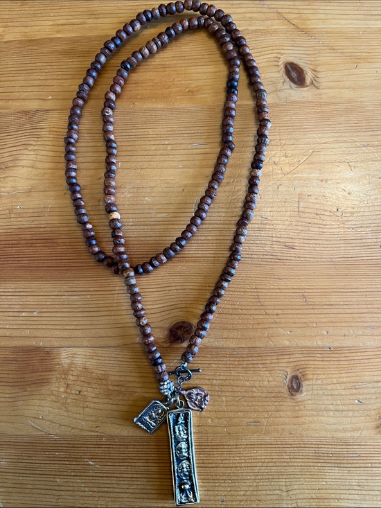 Stella & Dot Jewelry - Stella and Dot Beaded Brown Wood Necklace with Buddha Charms 31 inches